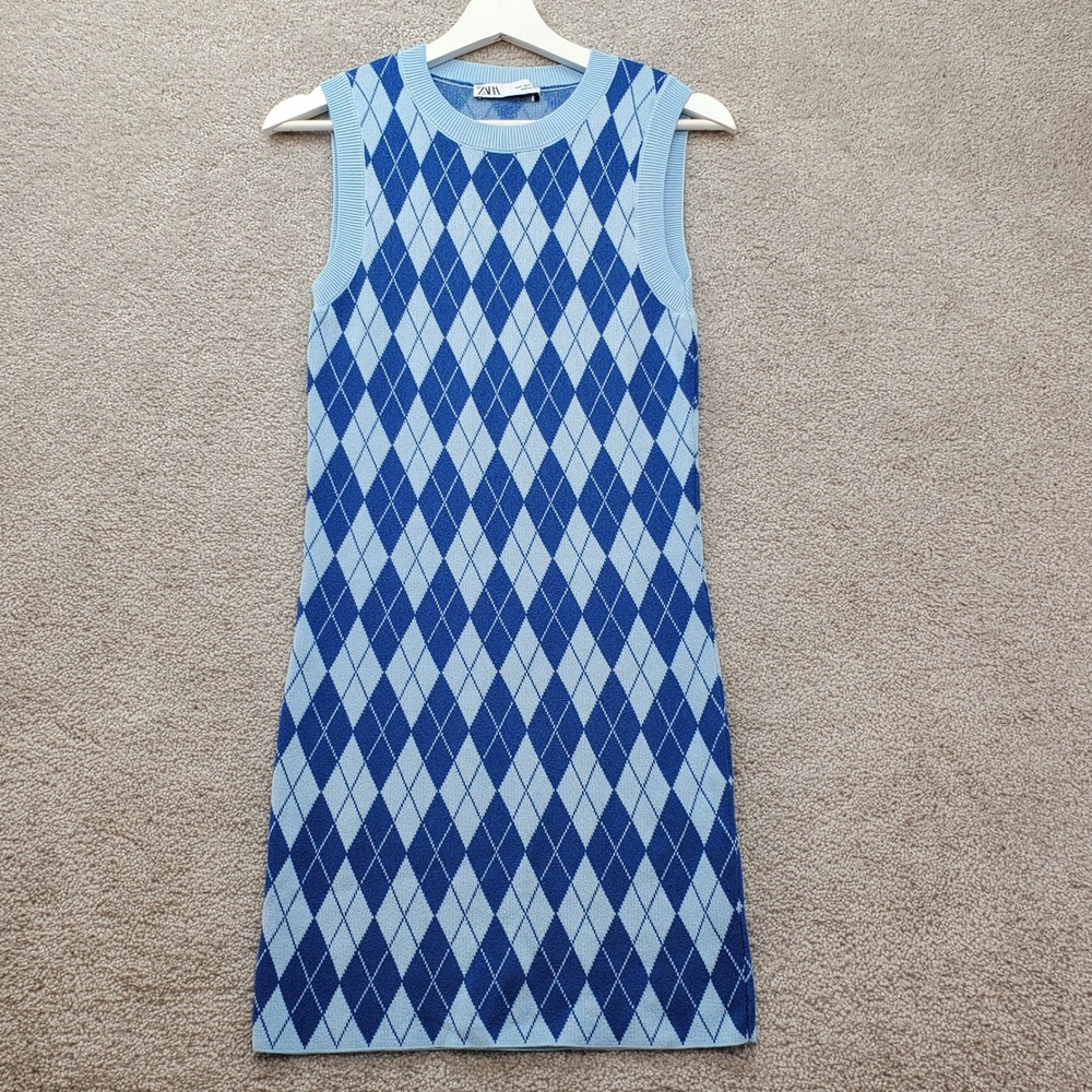 ZARA Argyle Sweater Mini Dress Womens S Blue Tennis Golf‎ Sleeveless Knit Preppy